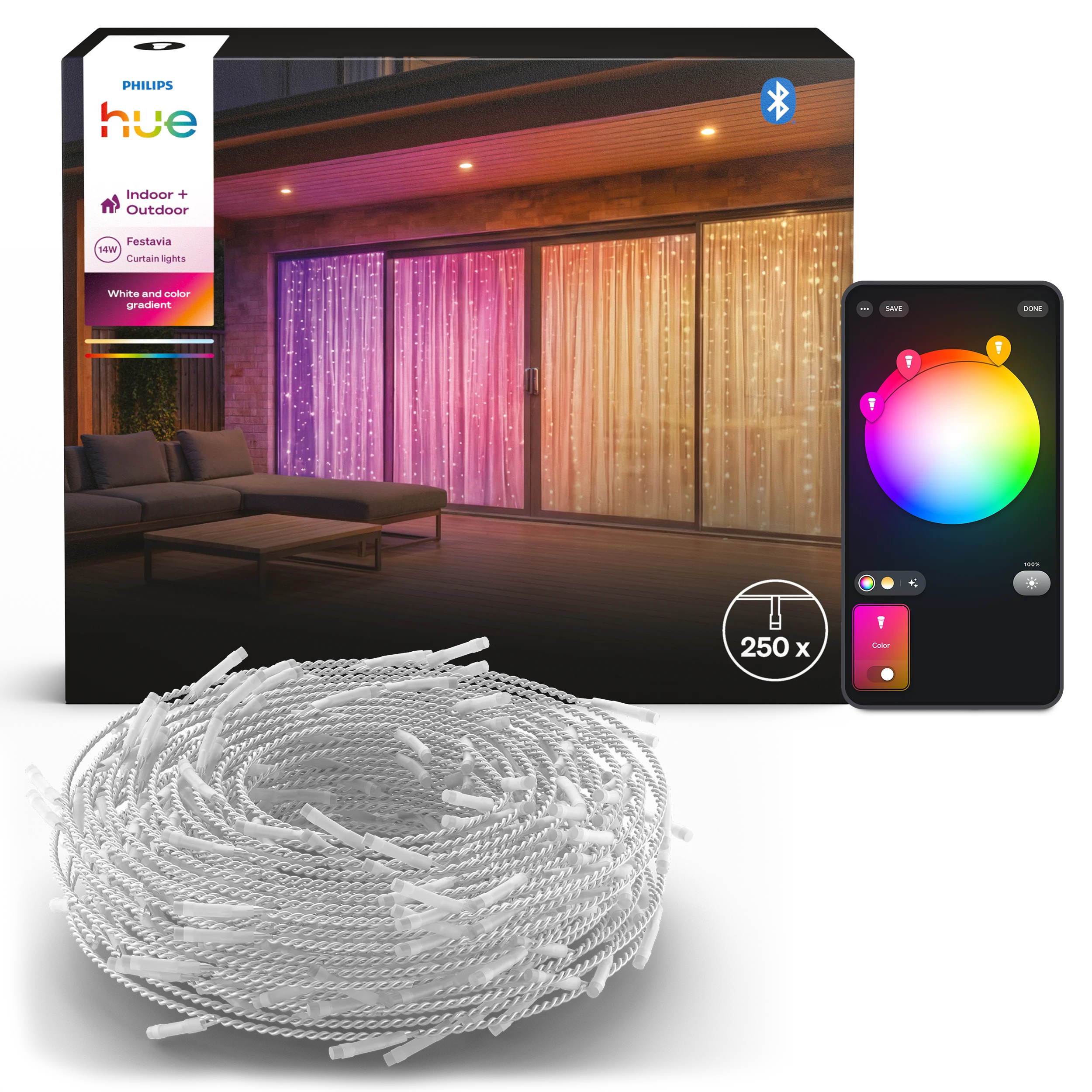 Philips Hue - Festavia Gardinlys - 1,35 x 2m - 250 LED - Gratis frakt v:7274738