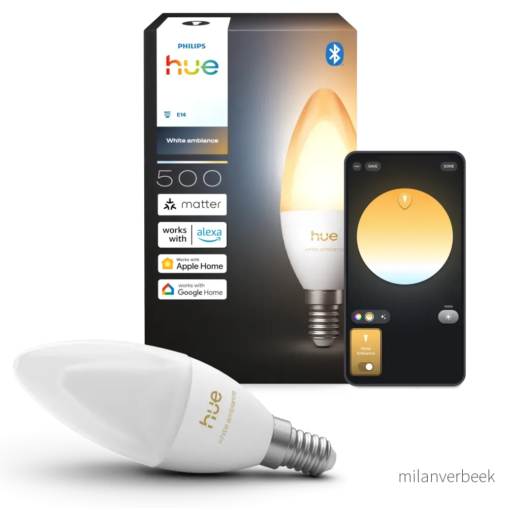 Philips Hue White Ambiance E14 Kronepære – Smart LED 500lm 1800–20000K Dimmbar til 0,2% Zigbee & Matter – 1-pakning v:8701872 Philips Hue White Ambiance E14 Kronepære – Smart LED 500lm 1800–20000K Dimmbar til 0,2% Zigbee & Matter – 1-pakning v:8701872