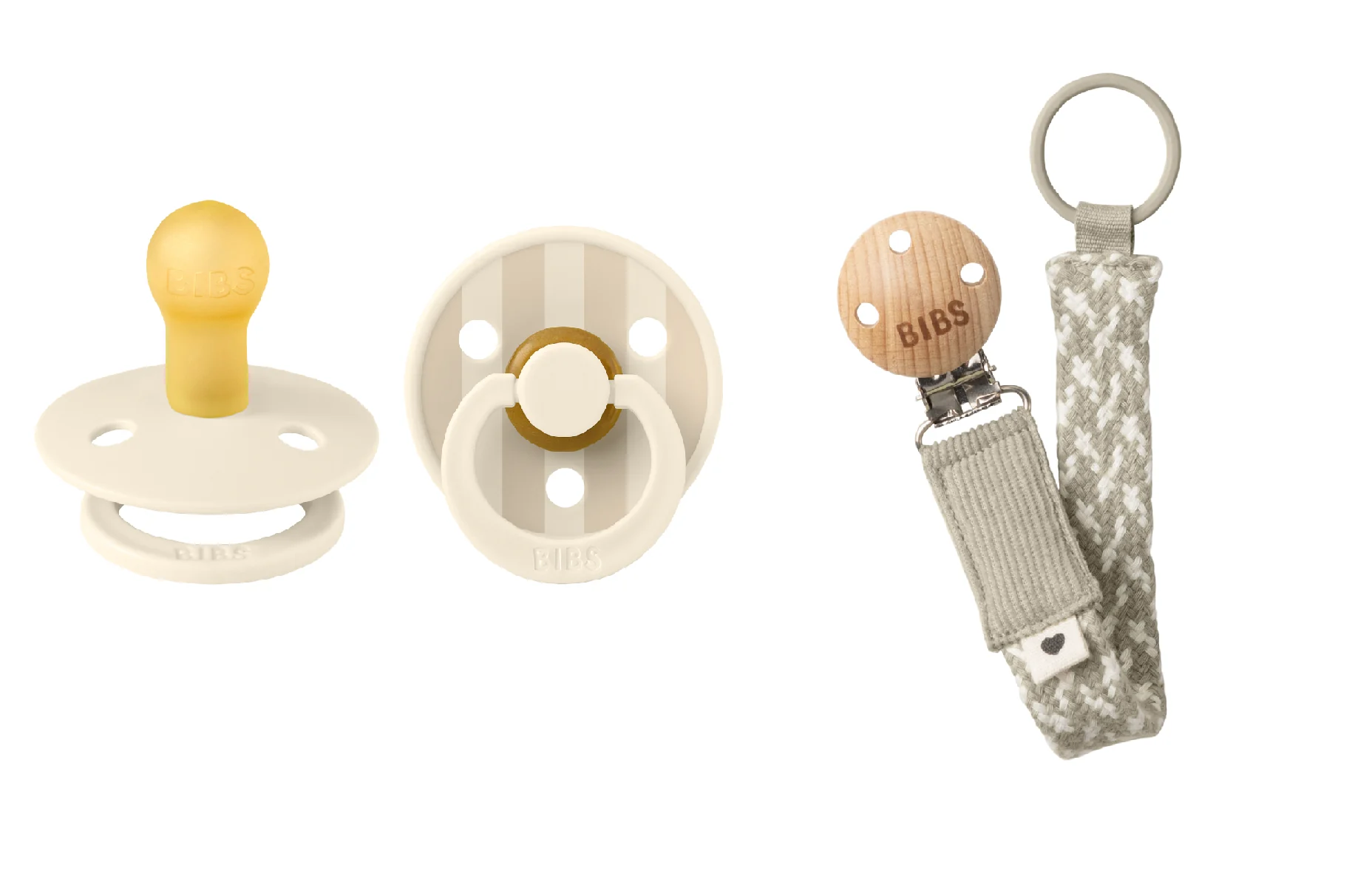 BIBS - Pacifier Studio Colour 2 Pack - Ivory/Vanilla - Size 1 + Pacifier Clip Braided (Bundle) v:2930908