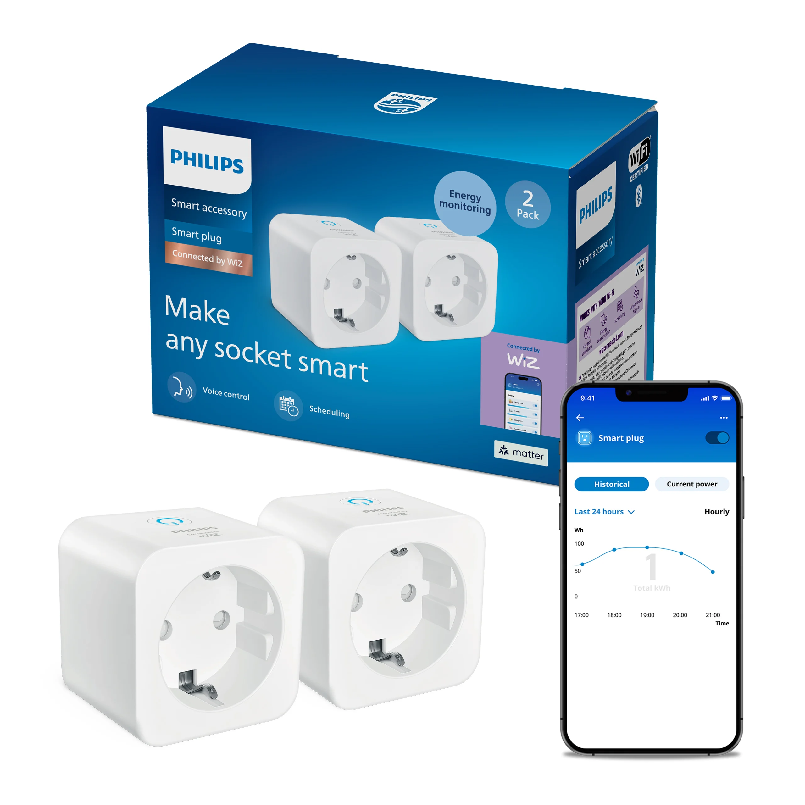 Philips Smart Led – Smart Plug Matter – Type F – Strømmåler – 2-Pakke – Hvit v:2704286