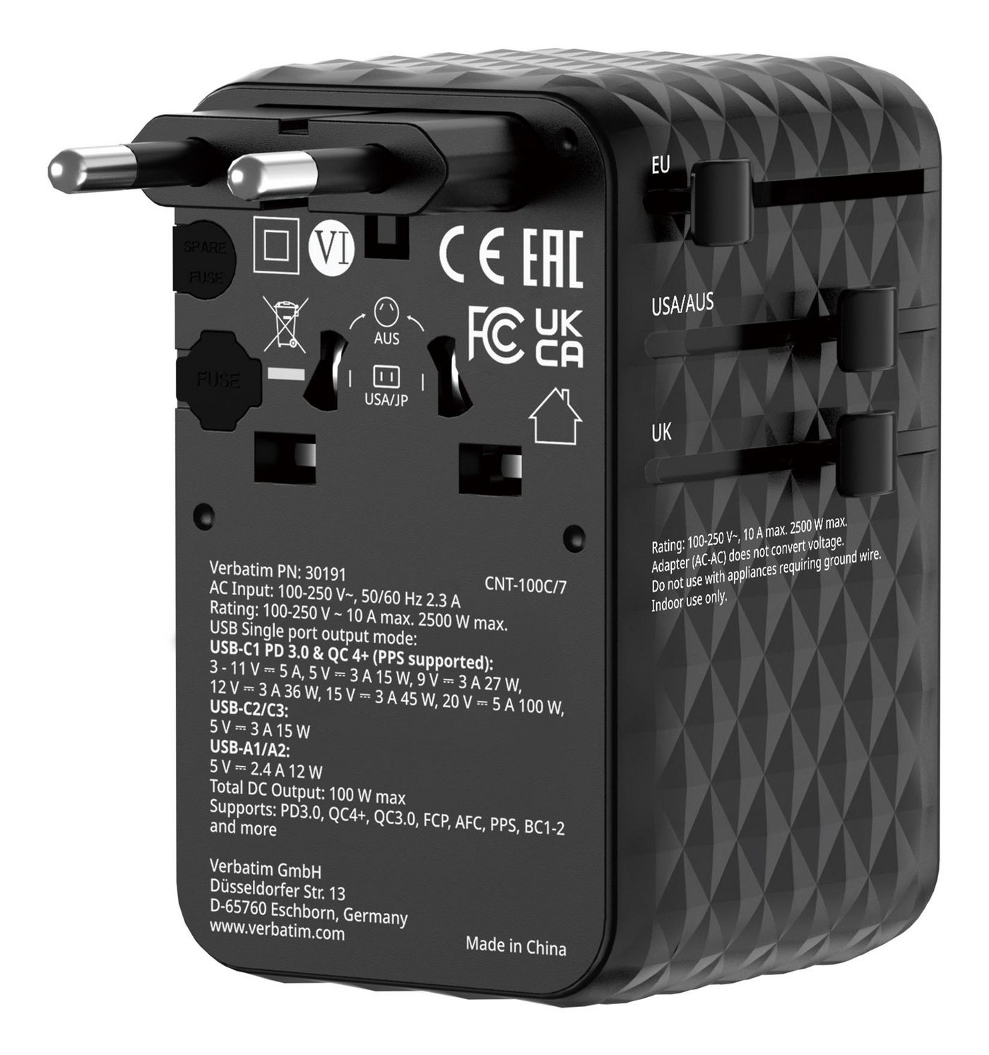 Verbatim - Charge 'n' Travel 100W Universal Travel Adapter with retractable cable Black - Gratis frakt v:6509763