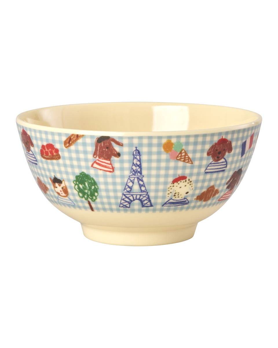 Rice - Melamine Bowl with Blue Kids in Paris Print - Blue - Medium - 700 ml v:6835044