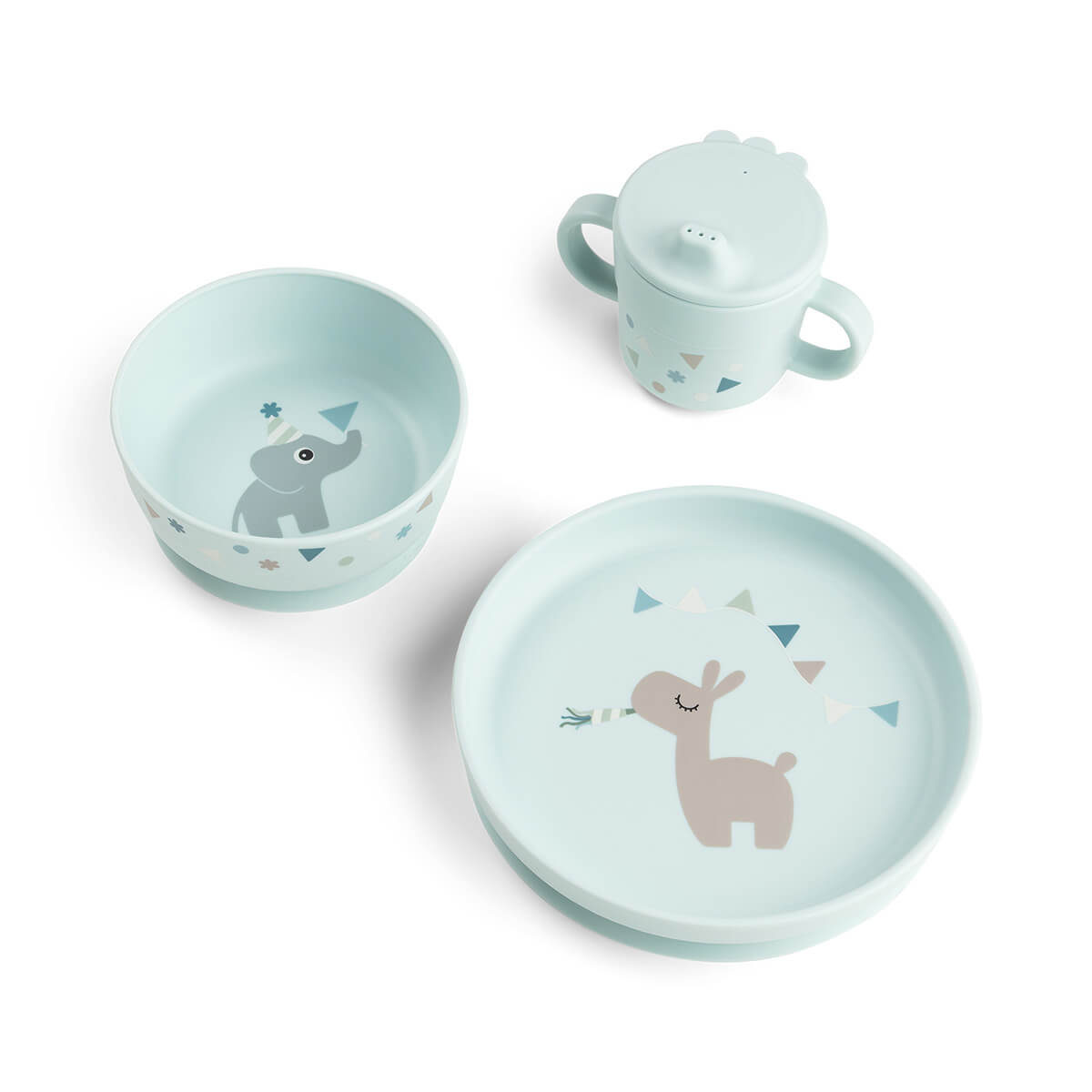 Done by Deer – Foodie dinner set with suction – Celebration Blue – Plate: Ø 18 x H 3 cm, Bowl: Ø 12.5 x H 5.5 cm, Cup: Ø8 x H 9 cm v:3955942