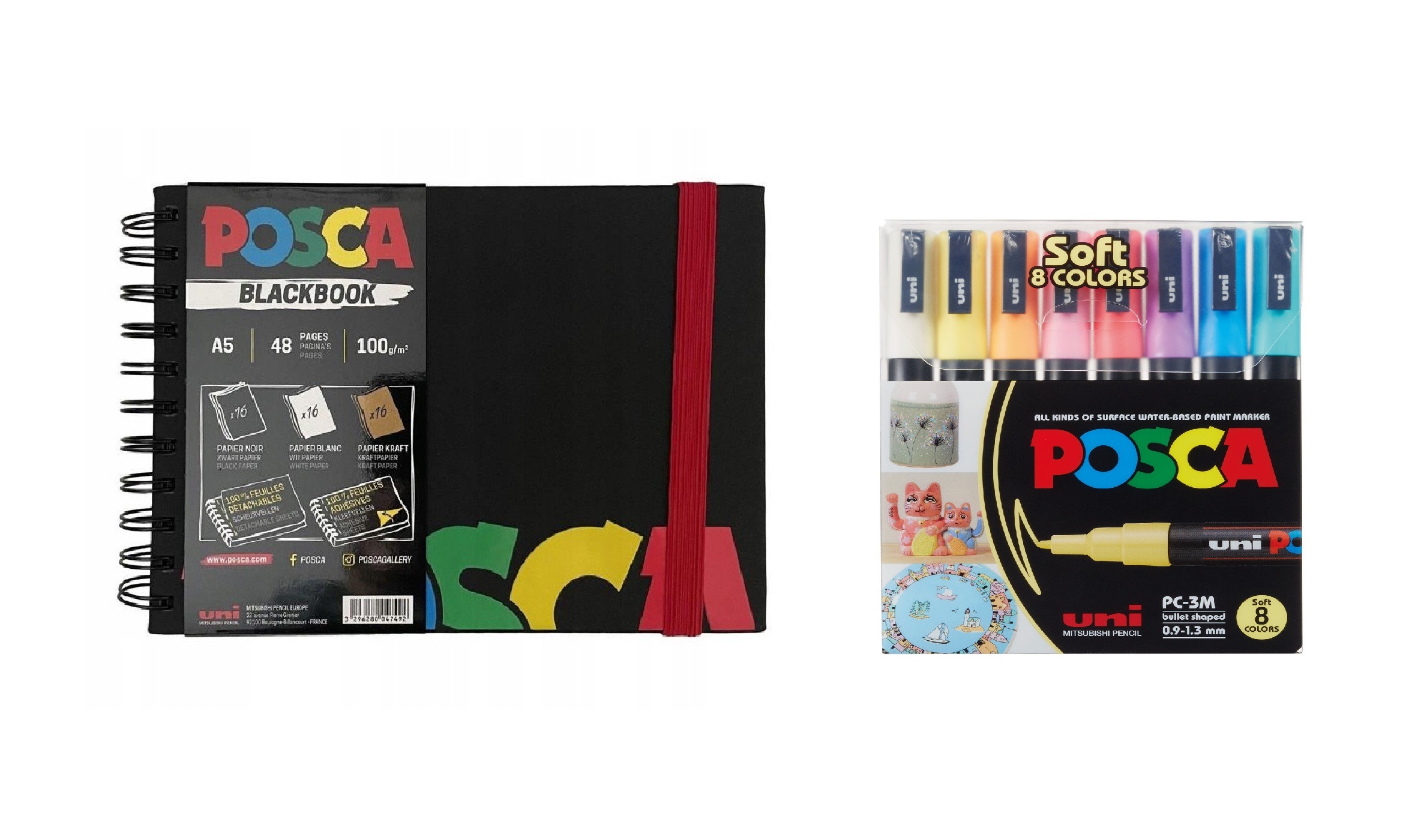 Posca - A5 BlackBook & PC3M - Fine Tip Pen - Soft Colors 8 pc - Gratis frakt v:6443581