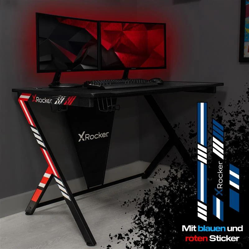 X-Rocker - Ocelot Carbon Gaming Desk - Blue & Red Stickers - Gratis frakt v:1674679