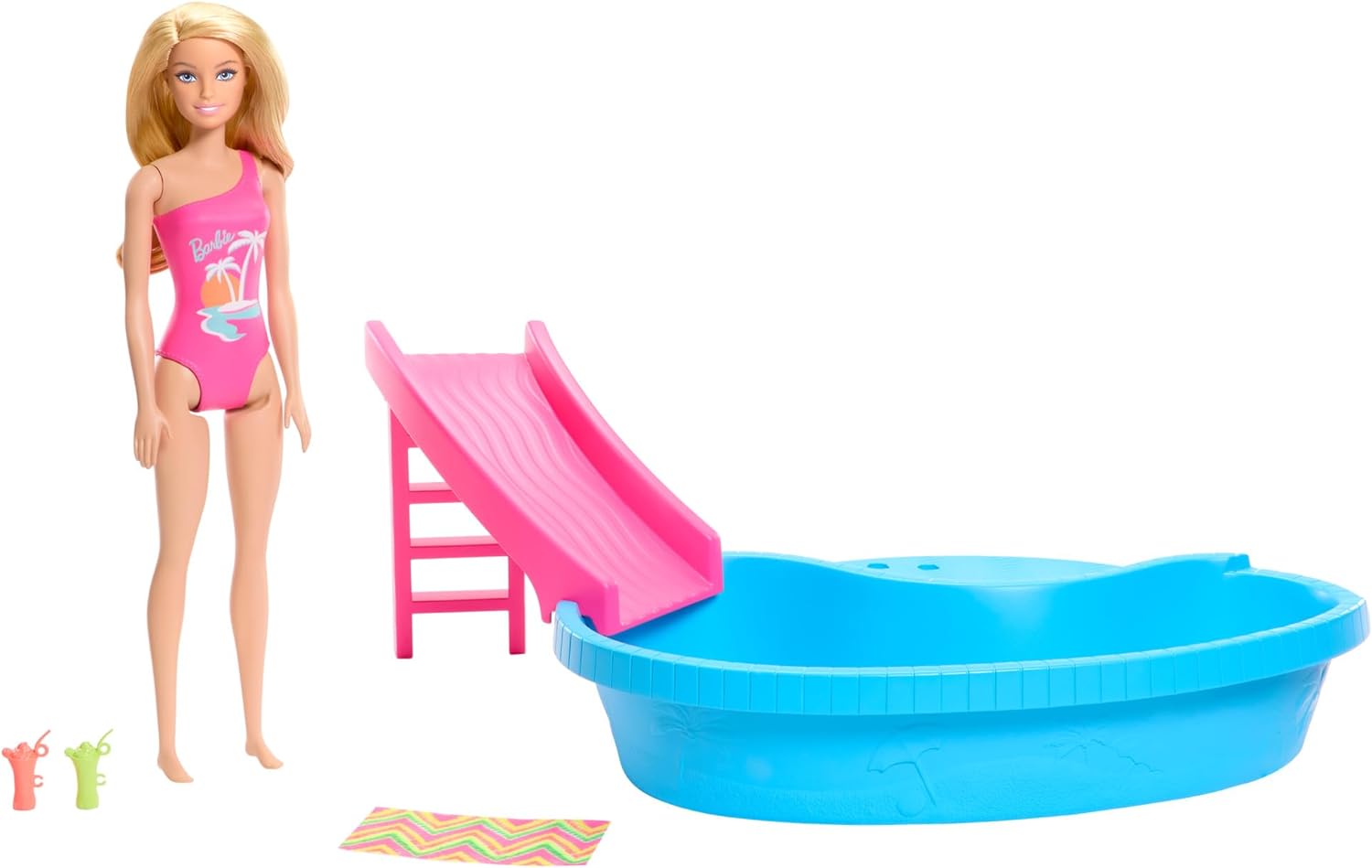 Barbie - Doll And Pool Playset, Blonde With Pool, Slide, Towel And Drink Accessories (HRJ74) v:5979864
