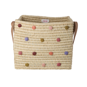 Rice – Raffia Square Basket with Dots and Leather Handles v:2218057 Rice – Raffia Square Basket with Dots and Leather Handles v:2218057