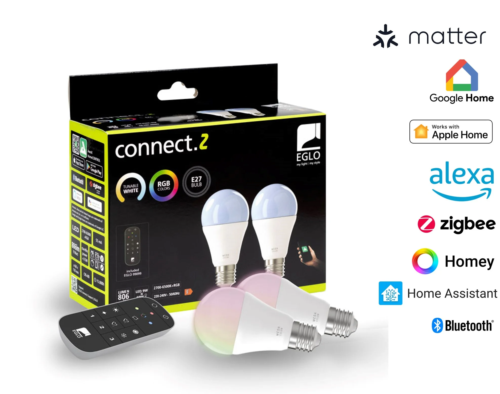 EGLO CONNECT-Z E27 LED A60 – 2-pk Smartpærer med Fjernkontroll, Zigbee, Matter & Thread v:4313266