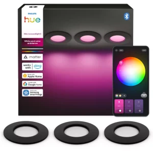 Philips Hue White & Color Ambiance Slim Downlight S – Smart innbyggingsspot 90mm 8,3W 1000lm IP44 Zigbee & Matter – Svart 3-pakning – Gratis frakt v:6705413 Philips Hue White & Color Ambiance Slim Downlight S – Smart innbyggingsspot 90mm 8,3W 1000lm IP44 Zigbee & Matter – Svart 3-pakning – Gratis frakt v:6705413