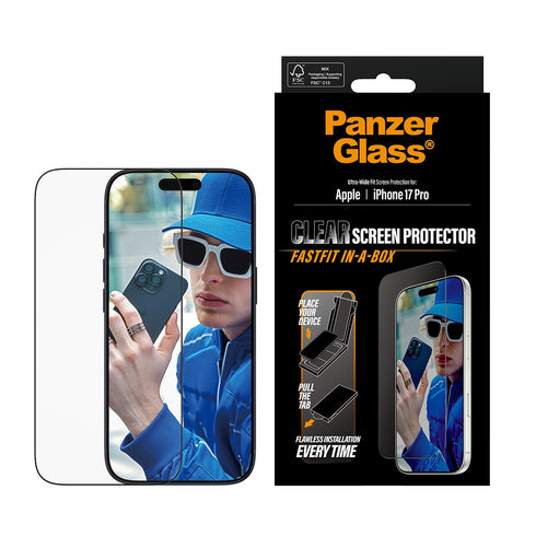 PanzerGlass – Skjermbeskytter m. Sort Ramme – iPhone 17 Pro – Ultra-Wide Fit med FastFit in-a-box v:9587232