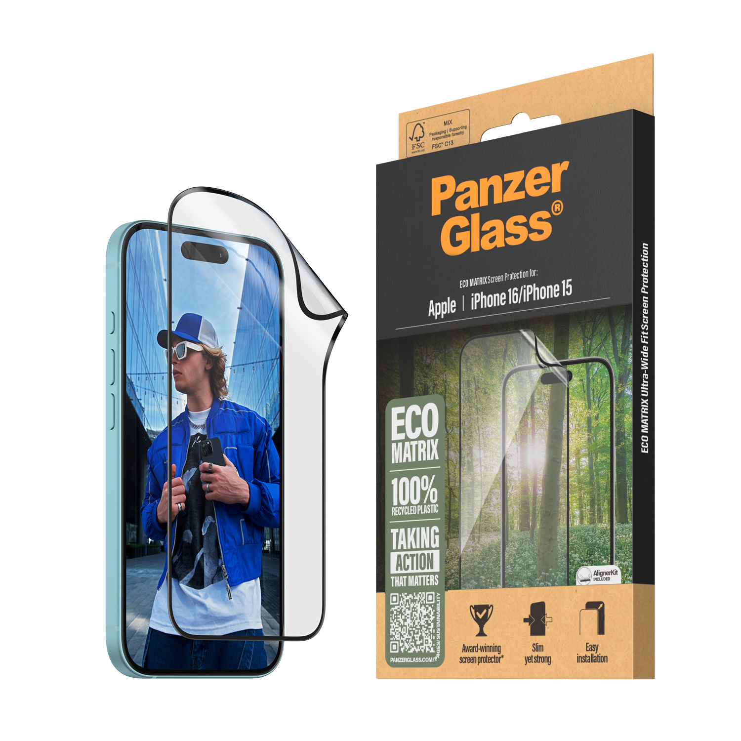 PanzerGlass – Skjermbeskyttelse MATRIX – iPhone 16 – Ultra Wide Fit v:5723111