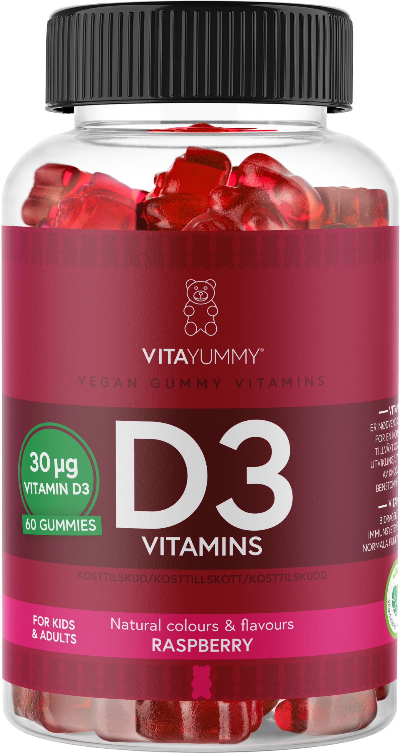 VitaYummy - D3 Vitamins (Raspberry) - 60 pcs. - Vibrant Colors from Carrots and Blackcurrants v:3911937