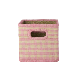 Rice – Raffia Square Basket with Handle Opening – Pink Checks – Small v:2339900