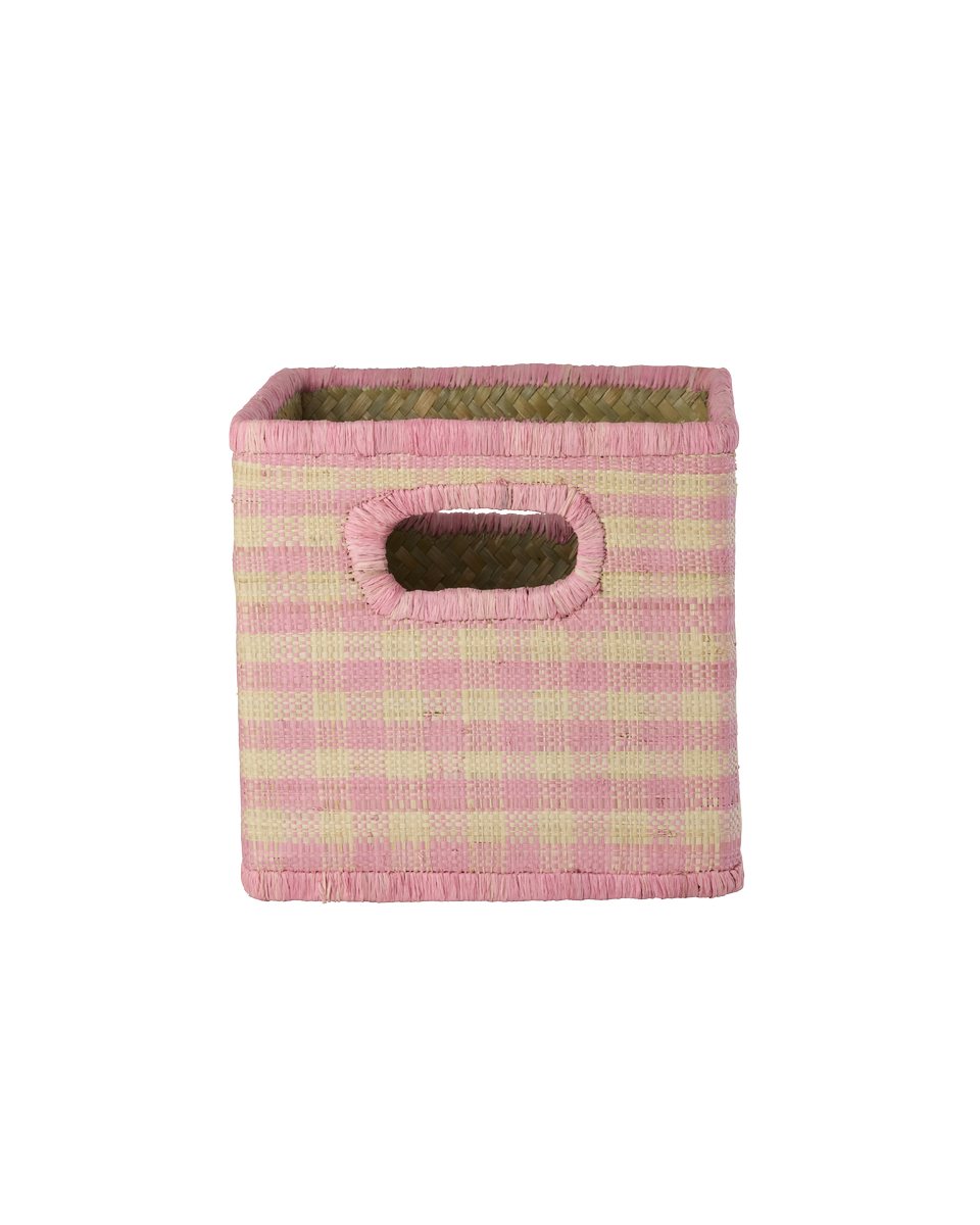 Rice - Raffia Square Basket with Handle Opening - Pink Checks - Small v:2339900