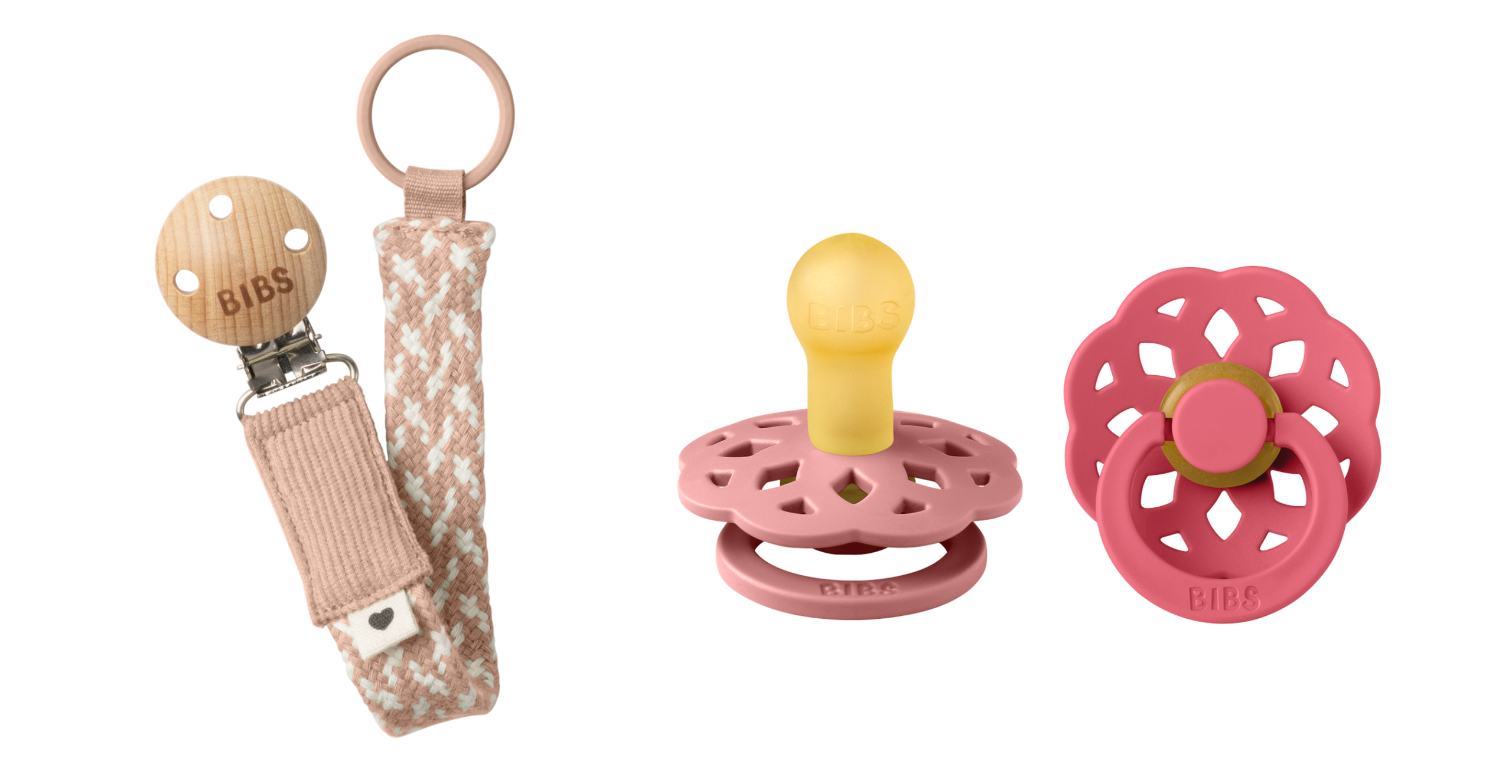 BIBS - Pacifier Boheme 2 PACK - Dusty Pink/Coral - Size 1 + Pacifier Clip Braided - Blush/Ivory - Onesize (Bundle) v:4424216
